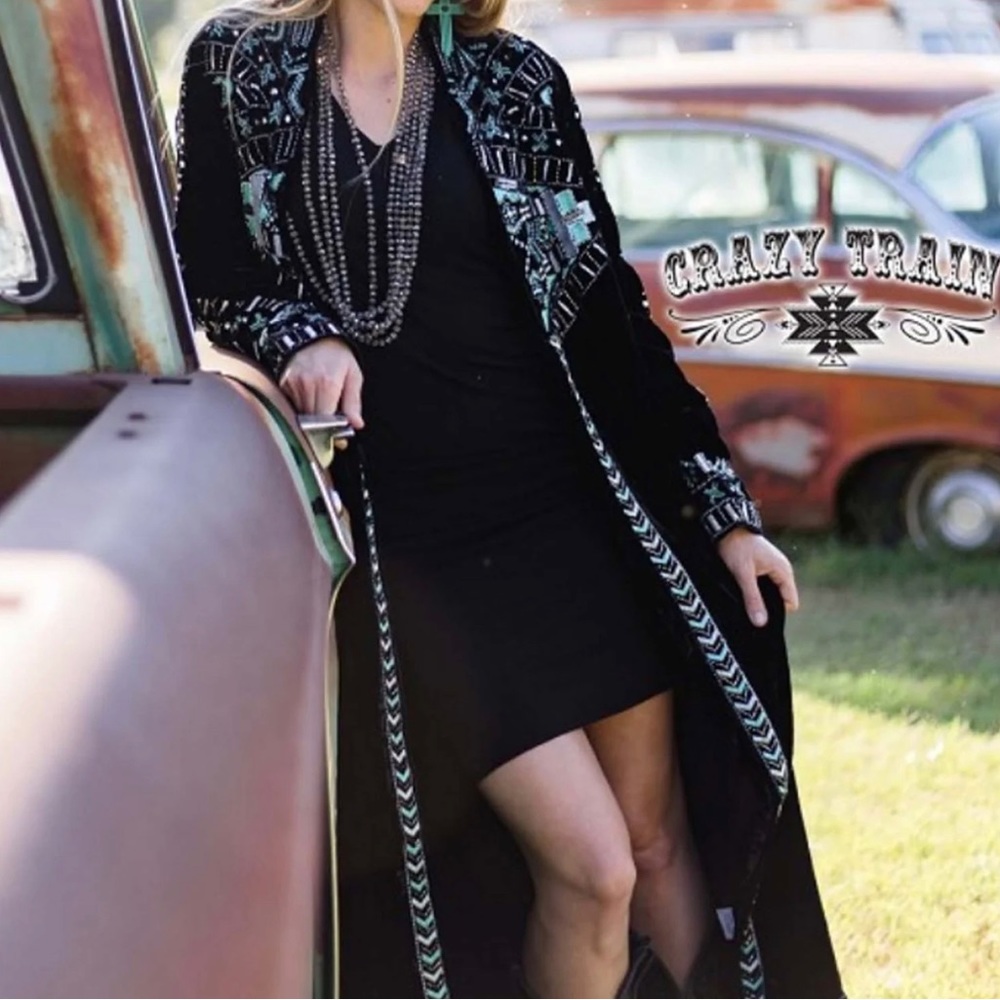 Crazy train duster jacket with beads and rhinestones